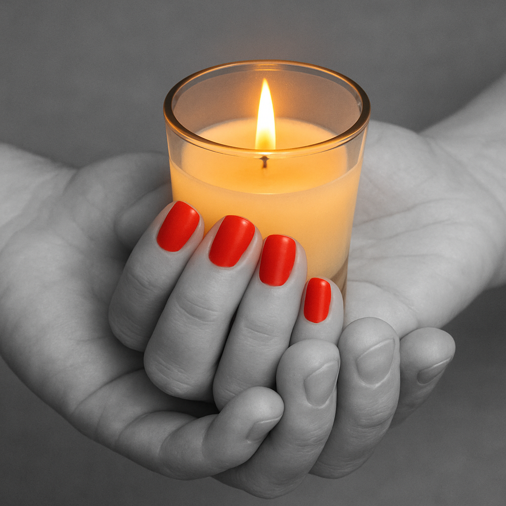 Deux mains tiennent une chandelle. Les deux mains sont en noir et blanc, sauf les ongles de l'une d'elle qui sont rouges vifs. La chandelle et sa flamme sont aussi colorées, accentuant le focus sur celles-ci.